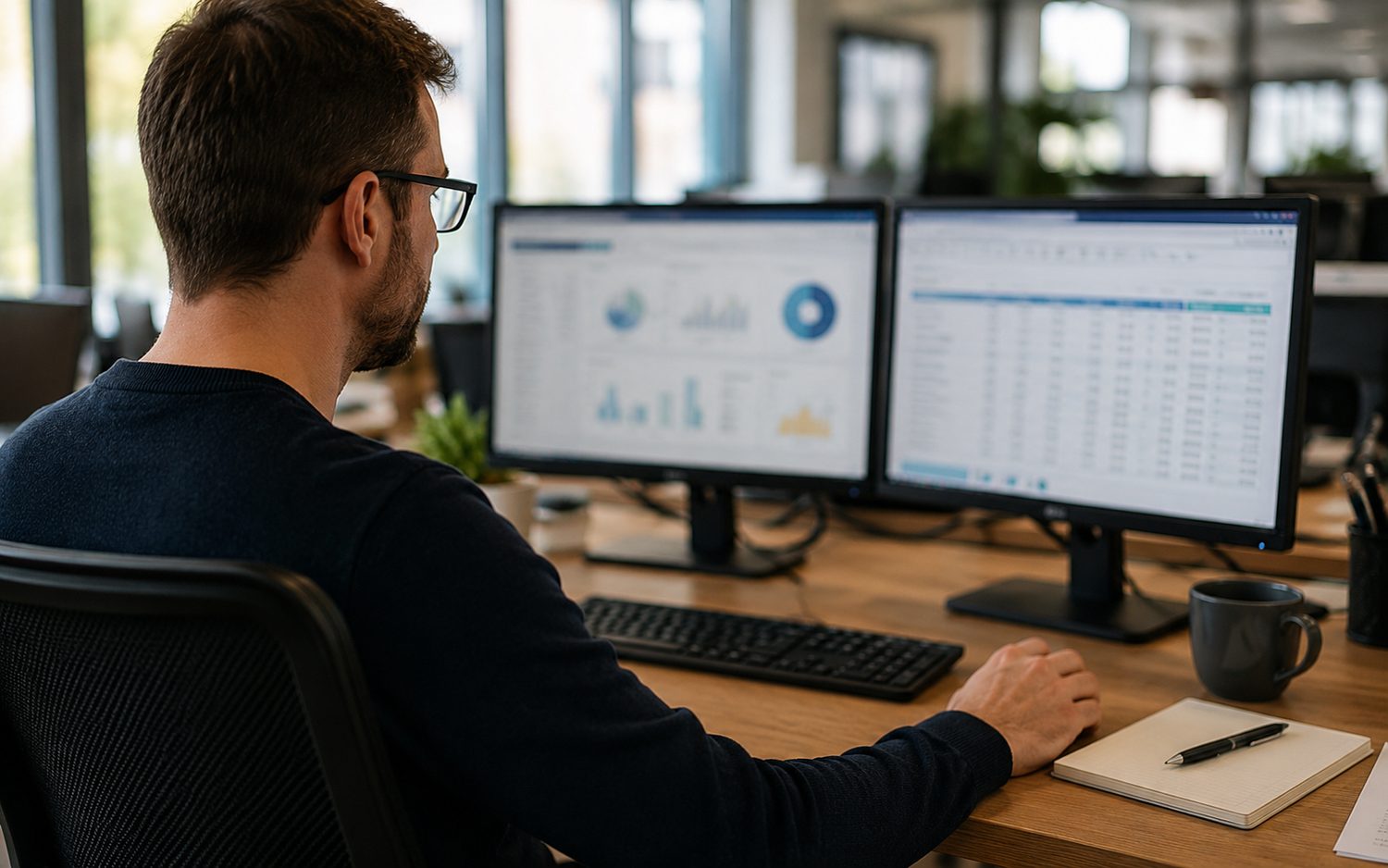 Mitarbeiter automatisiert Büro- und ERP-Prozesse am Doppelmonitor-Arbeitsplatz