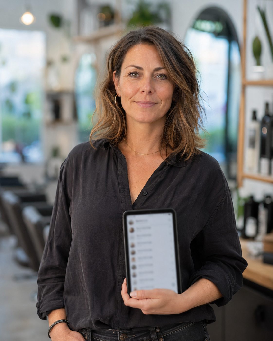 Inhaberin eines Friseursalons mit digitaler Buchungsübersicht auf dem Tablet